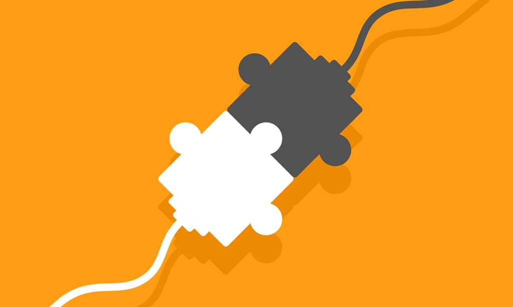Illustration of connected puzzle pieces with cables connecting together