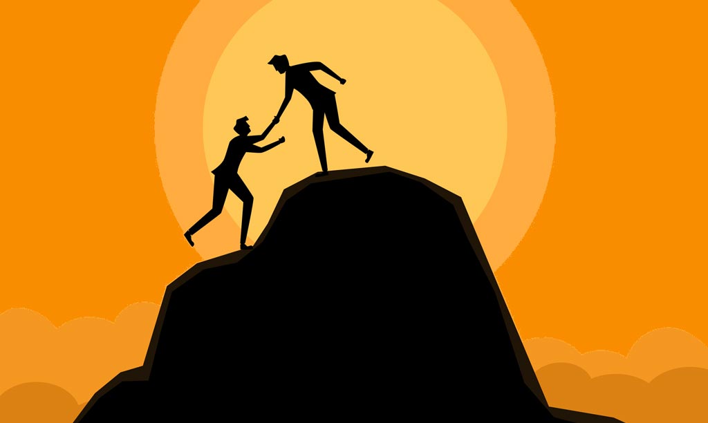 An illustration of a business person helping a person climb a hill